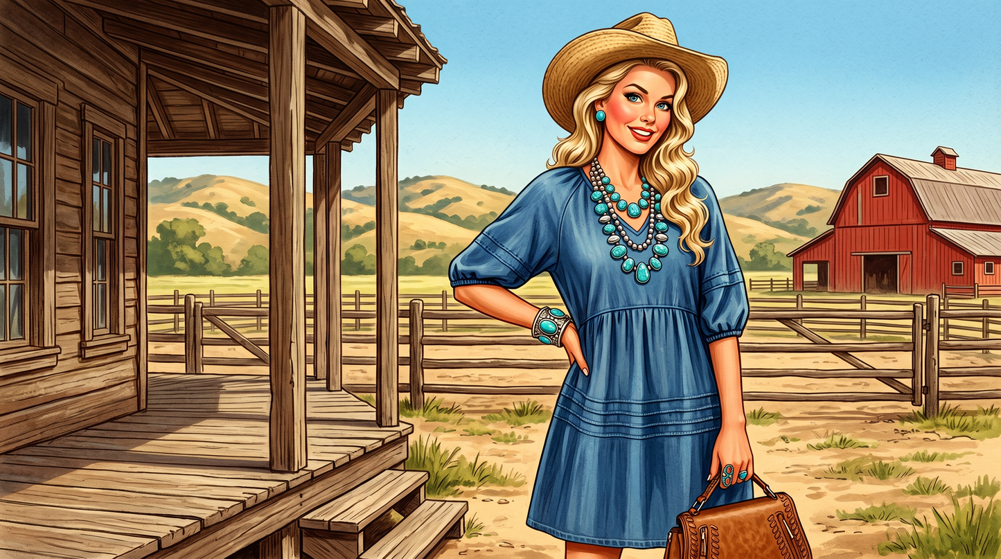 Casual V Neck Puff Short Sleeve Denim Dress