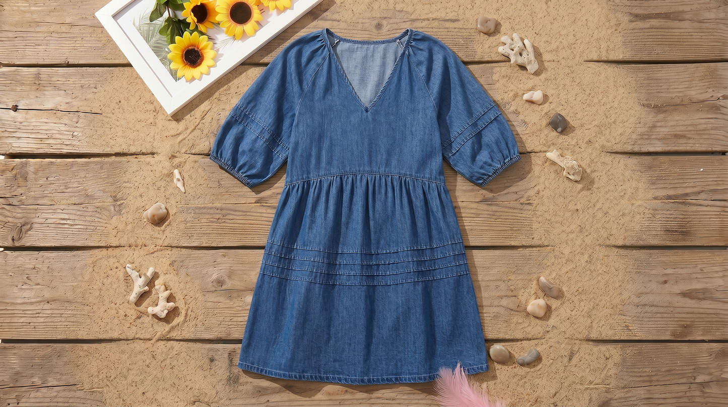 Casual V Neck Puff Short Sleeve Denim Dress