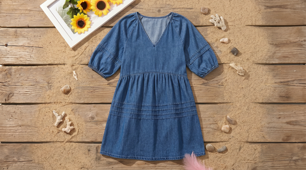 Casual V Neck Puff Short Sleeve Denim Dress