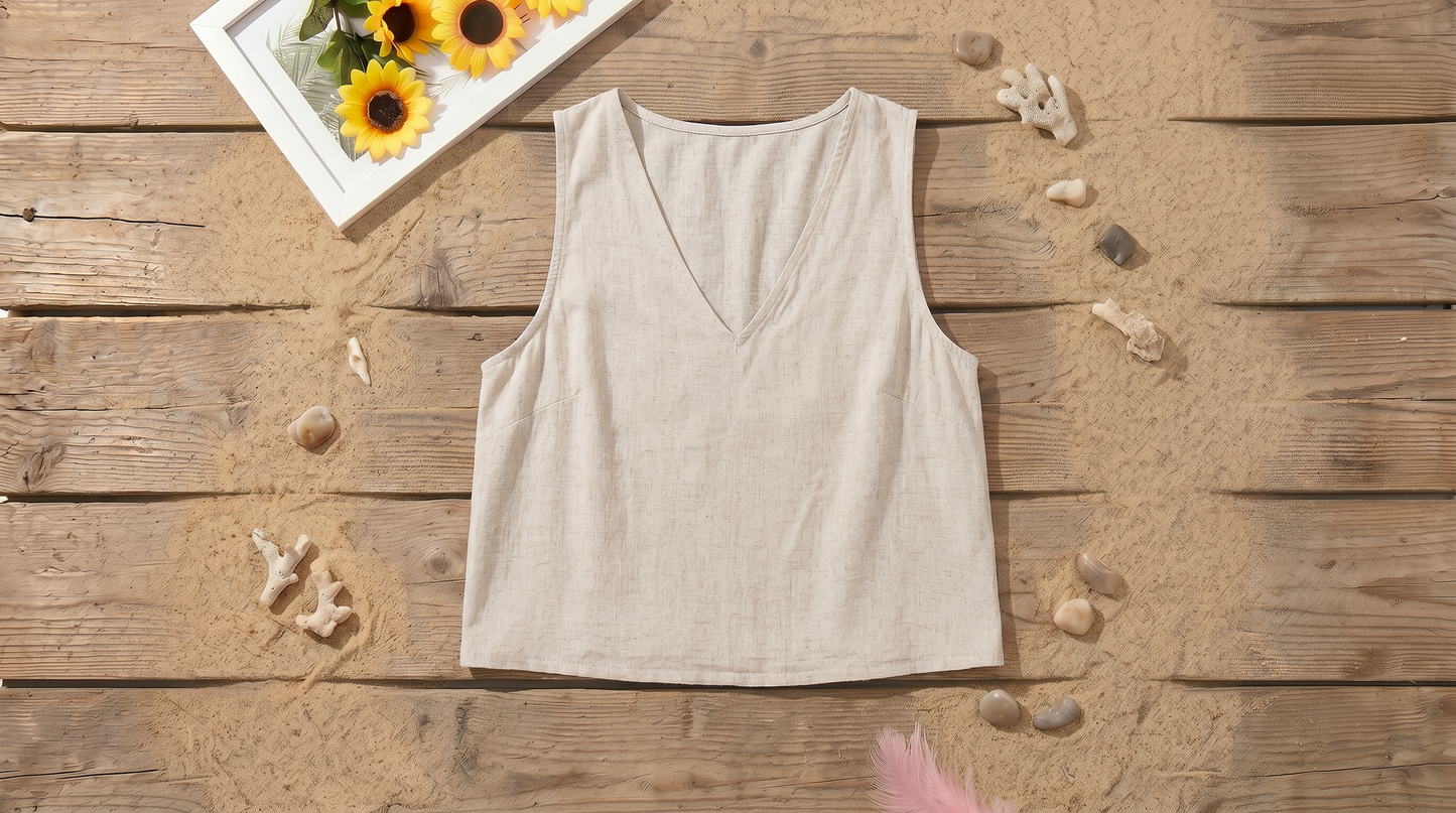 V Neck Cropped Linen Tank Top