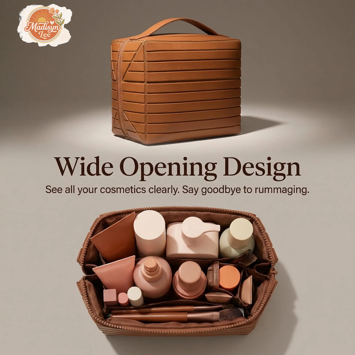 WUBYHIT Travel Makeup Bag, Large Capacity Fold down Cosmetic Bag for Women, Waterproof PVC Leather, Pull Open Toiletry Bag with Compartments, for Skincare, Brushes & Travel Essentials