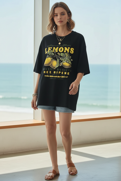 Lemons Fruits Premium Fresh Printing T Shirt Woman Loose Cotton Sportswear O-Neck Casual T Shirts Loose All-Match Short Sleeve