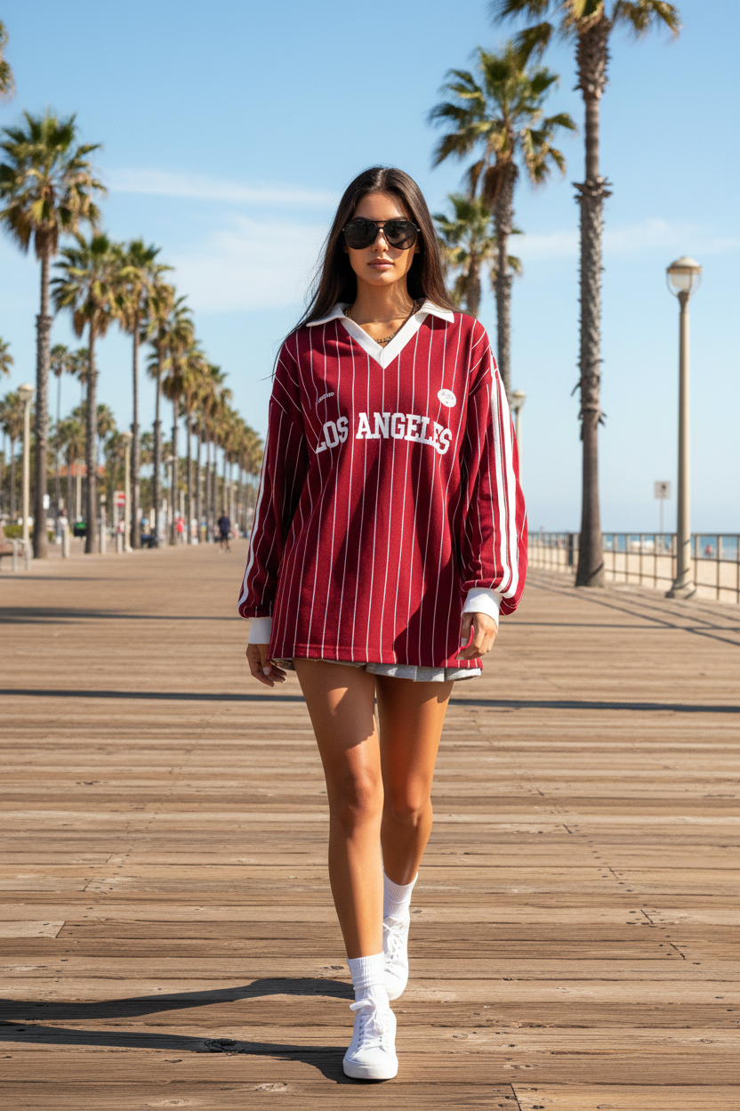Women'S Casual Striped Letter & Number Print Athletic Polo Collar Long Sleeve T-Shirt Drape Oversize Tops Streetweat Spring/Fall