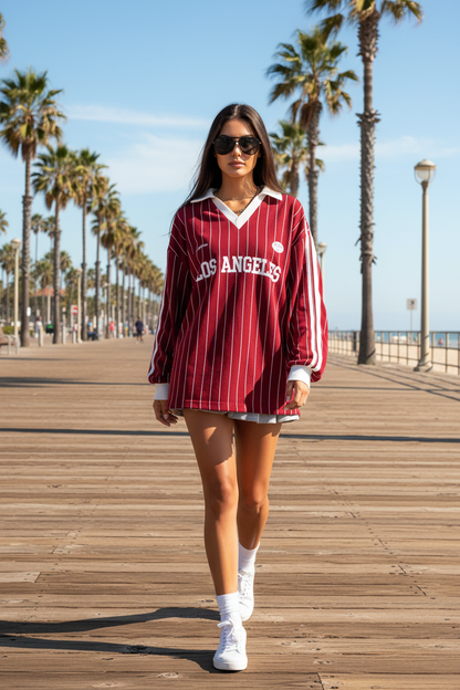 Women'S Casual Striped Letter & Number Print Athletic Polo Collar Long Sleeve T-Shirt Drape Oversize Tops Streetweat Spring/Fall