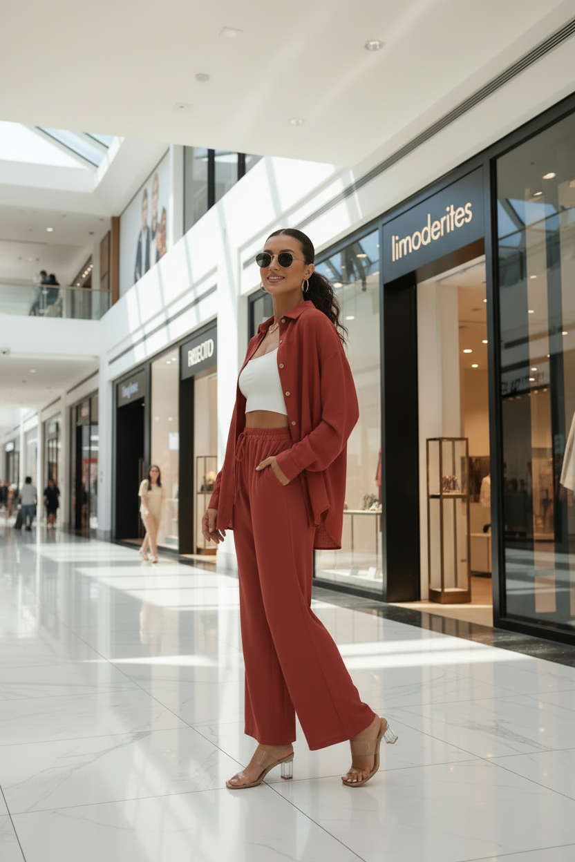 Women'S Solid Collared Button Front Shirt & Tie Front Wide Leg Pants Two-Piece Set, Casual Drop Shoulder Long Sleeve Fitted Top & High Waist Trousers for Spring & Fall, Linen Set, Loose Pant Sets, Casual Matching Sets, Womenswear