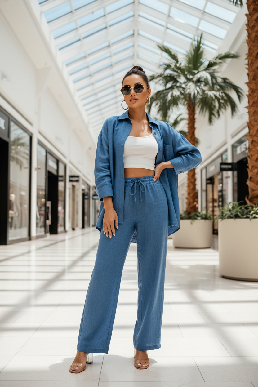 Women'S Solid Collared Button Front Shirt & Tie Front Wide Leg Pants Two-Piece Set, Casual Drop Shoulder Long Sleeve Fitted Top & High Waist Trousers for Spring & Fall, Linen Set, Loose Pant Sets, Casual Matching Sets, Womenswear