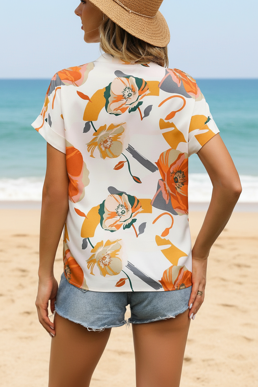 Women Flora Print Notched Neck Batwing Sleeve Blouse Ladies Tops Shirts