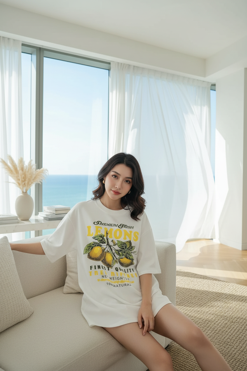 Lemons Fruits Premium Fresh Printing T Shirt Woman Loose Cotton Sportswear O-Neck Casual T Shirts Loose All-Match Short Sleeve