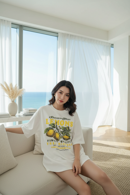 Lemons Fruits Premium Fresh Printing T Shirt Woman Loose Cotton Sportswear O-Neck Casual T Shirts Loose All-Match Short Sleeve