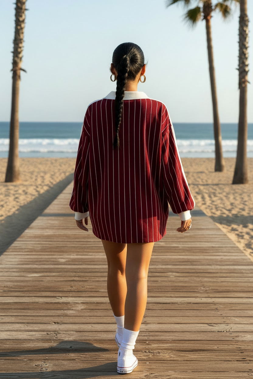 Women'S Casual Striped Letter & Number Print Athletic Polo Collar Long Sleeve T-Shirt Drape Oversize Tops Streetweat Spring/Fall
