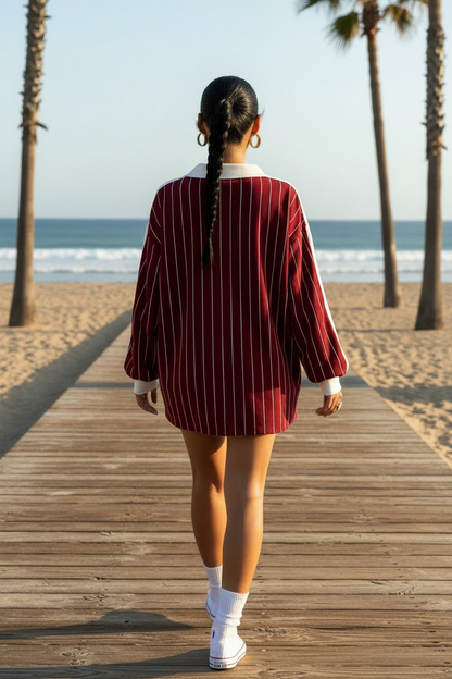 Women'S Casual Striped Letter & Number Print Athletic Polo Collar Long Sleeve T-Shirt Drape Oversize Tops Streetweat Spring/Fall