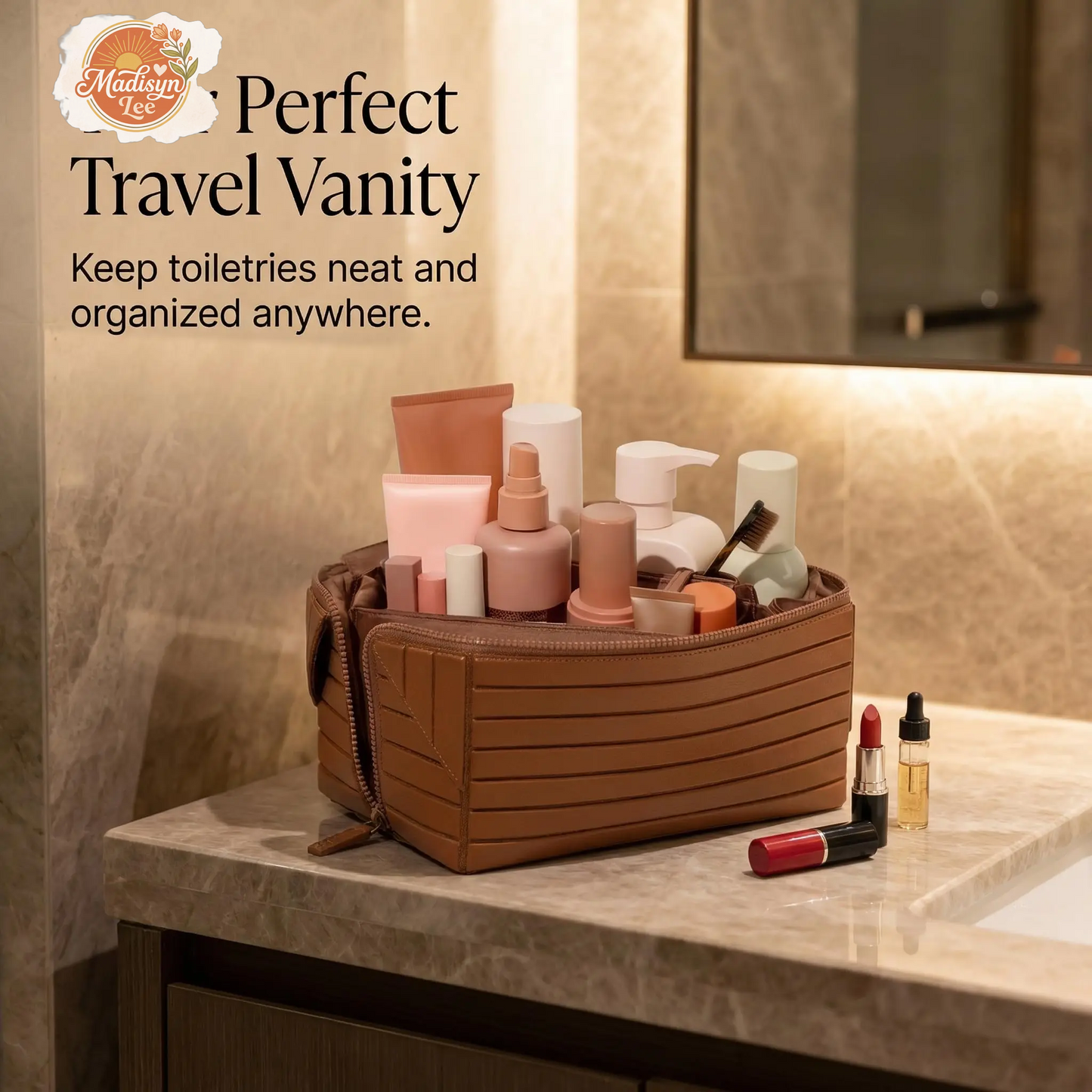 WUBYHIT Travel Makeup Bag, Large Capacity Fold down Cosmetic Bag for Women, Waterproof PVC Leather, Pull Open Toiletry Bag with Compartments, for Skincare, Brushes & Travel Essentials