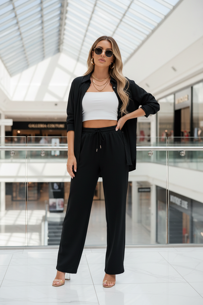 Women'S Solid Collared Button Front Shirt & Tie Front Wide Leg Pants Two-Piece Set, Casual Drop Shoulder Long Sleeve Fitted Top & High Waist Trousers for Spring & Fall, Linen Set, Loose Pant Sets, Casual Matching Sets, Womenswear